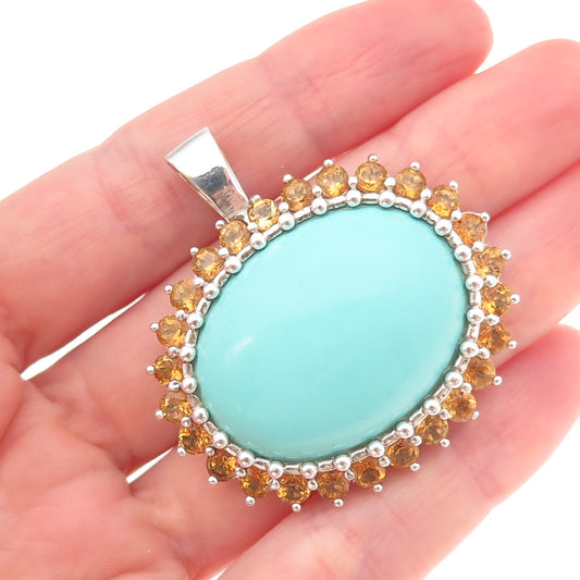 Collins Fine Jewelry 925 Sterling Silver Vintage Real Turquoise Citrine Pendant