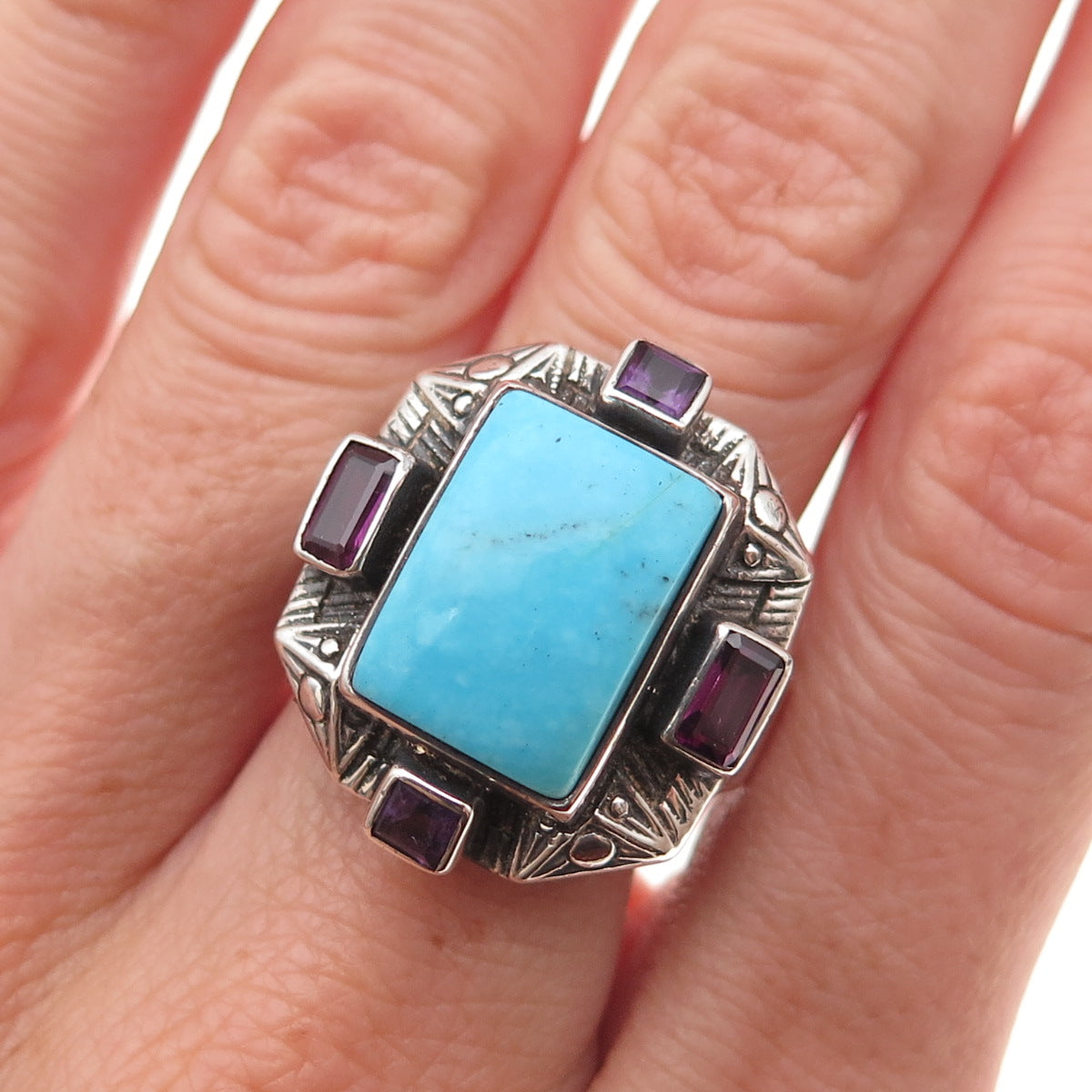 Nicky Butler 925 Sterling Silver Vintage Real Turquoise Amethyst Ring Size 7.75