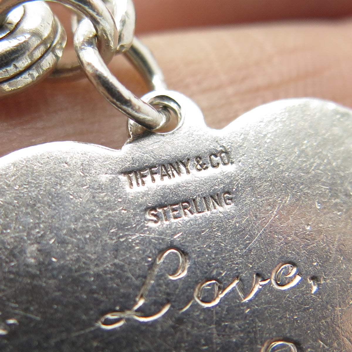 TIFFANY & CO. Sterling Silver Antique Art Deco Engraved Heart Tag Key Chain Fob