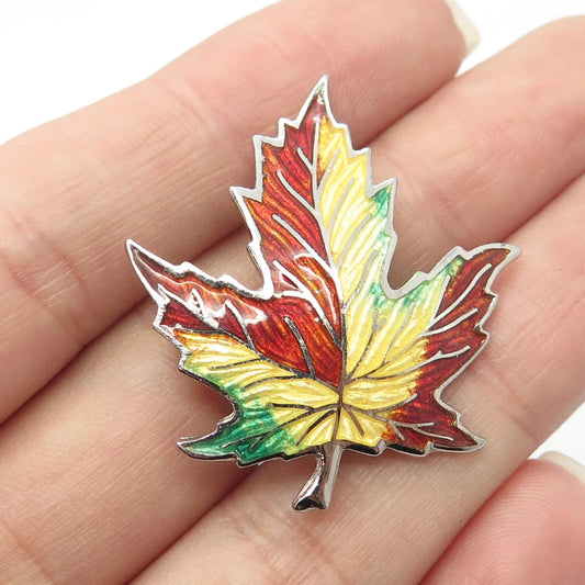 925 Sterling Silver Vintage BMCo Colorful Enamel Maple Leaf Pin Brooch