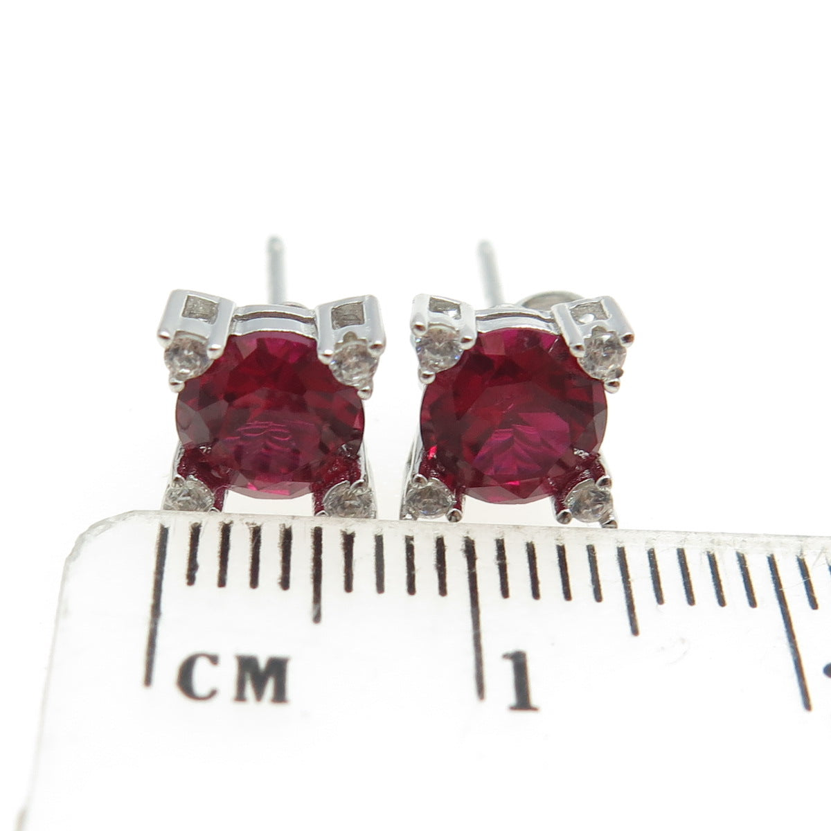 925 Sterling Silver Lab-Created Pink Sapphire & White C Z Stud Earrings