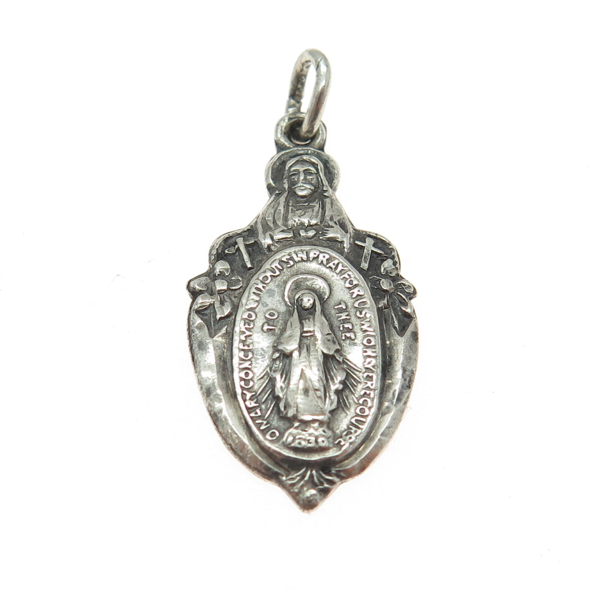 CREED 925 Sterling Silver Antique Art Deco St. Mary Jesus Oxidized Charm Pendant