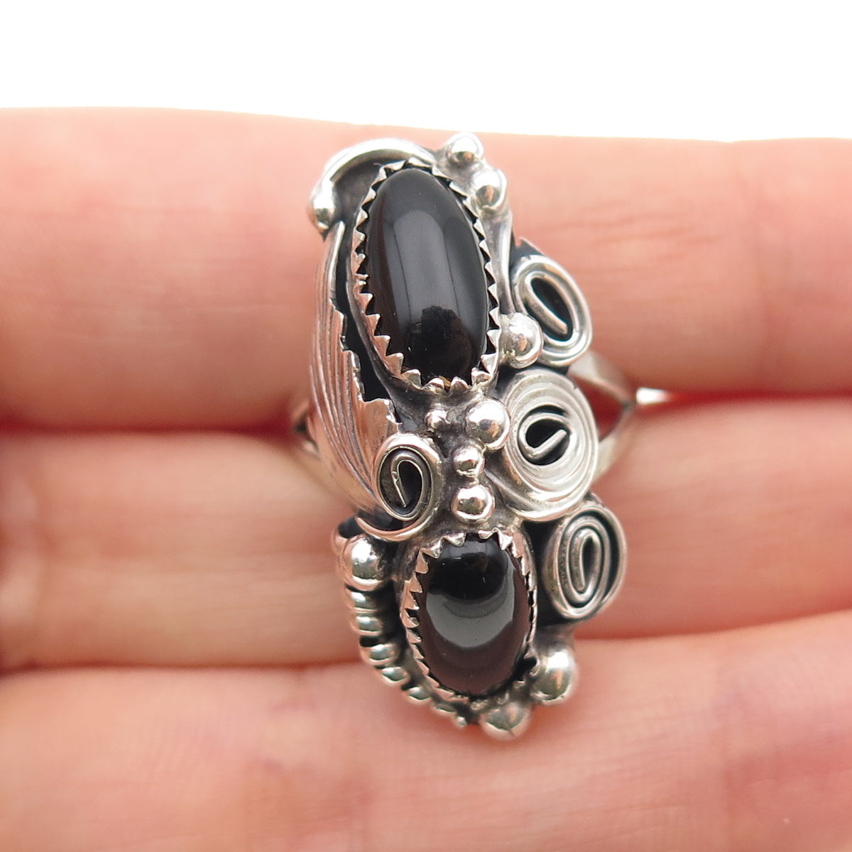 Old Pawn 925 Sterling Silver Vintage Southwestern Black Onyx Feather Ring Size 8