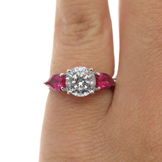 925 Sterling Silver Lab-Created Ruby & Round-Cut Shaped C Z Ring Size 5