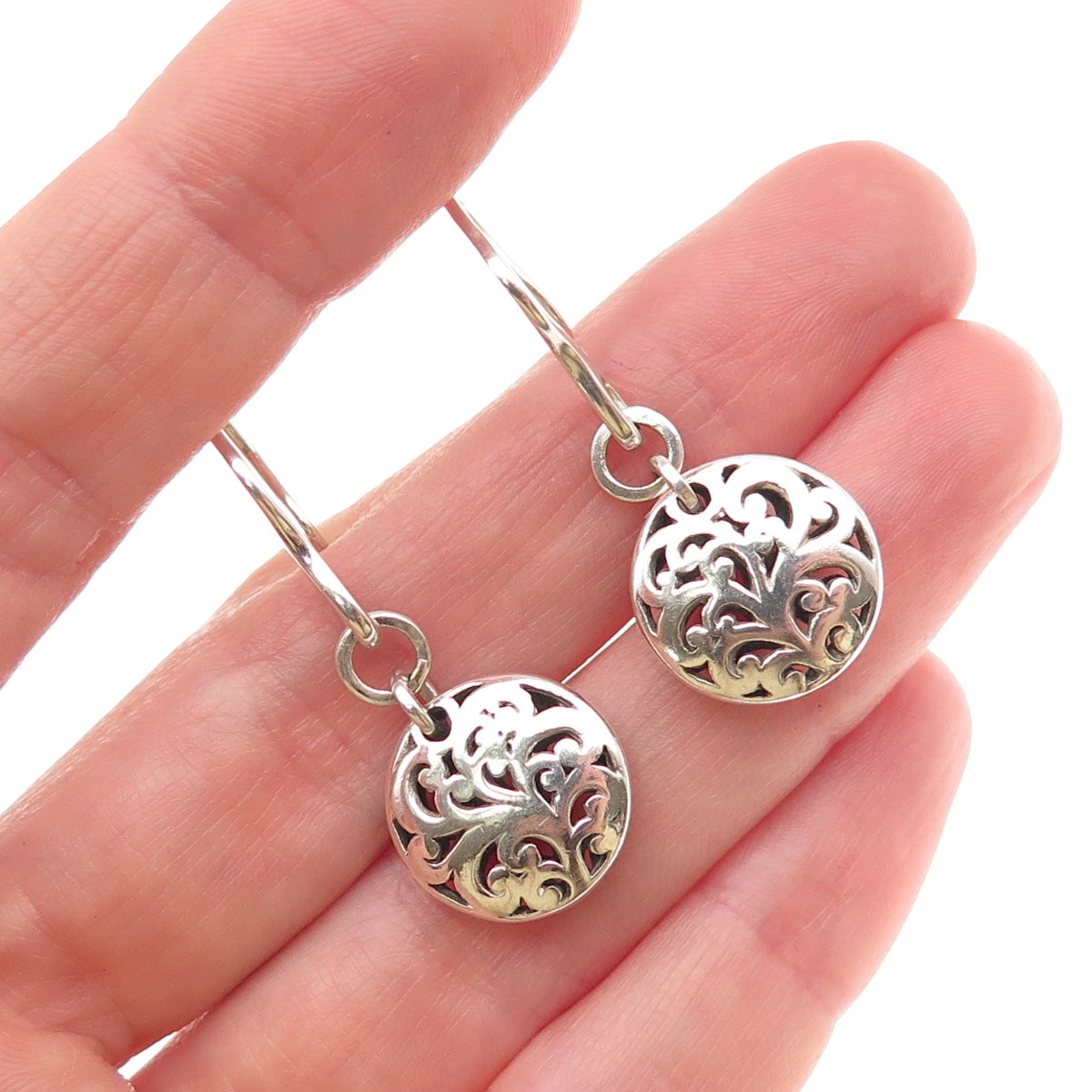 925 Sterling Silver Vintage Floral Scroll Disc Dangle Earrings