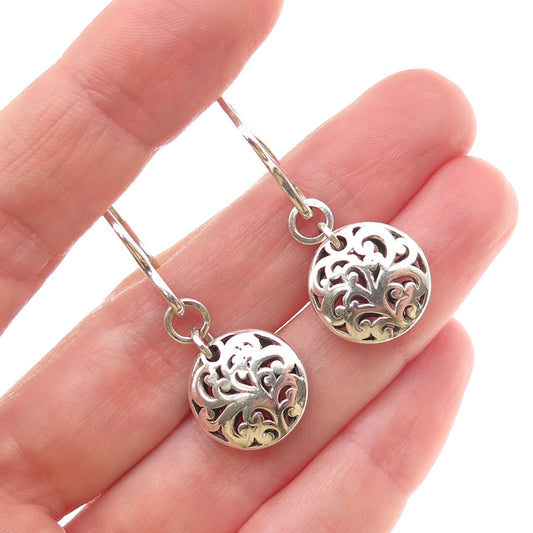 925 Sterling Silver Vintage Floral Scroll Disc Dangle Earrings