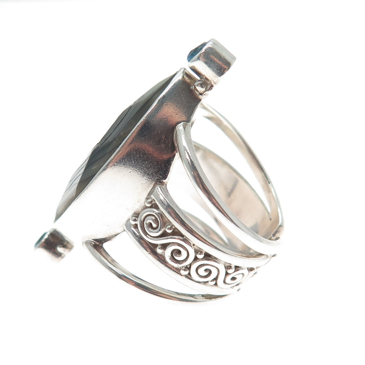SAJEN Sterling Silver Vintage Real Abalone Shell Topaz Adjustable Ring Size 10.5