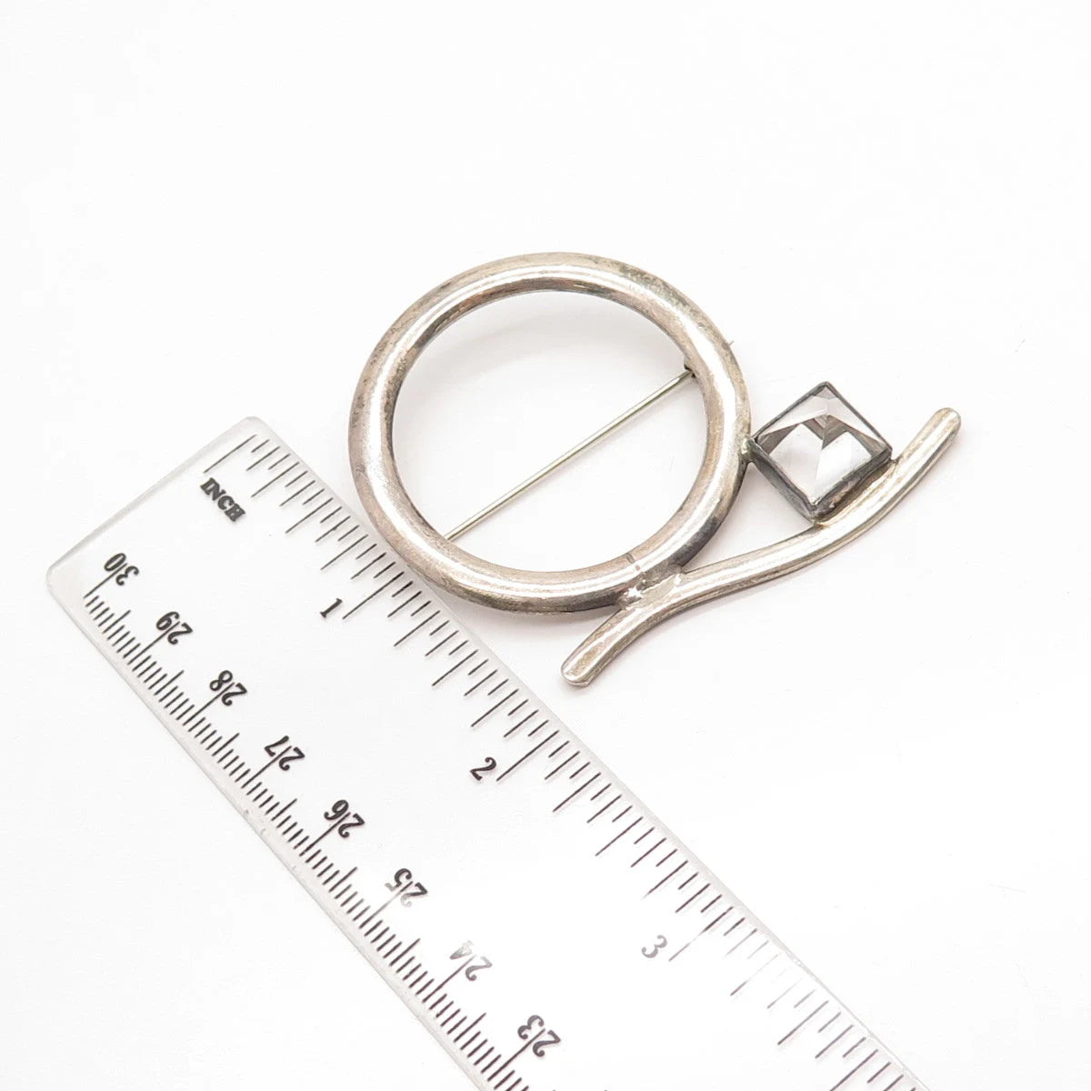 925 Sterling Silver Vintage Clear Glass Modernist Pin Brooch