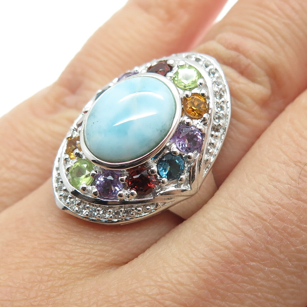 KN Kajal Naina Sterling Larimar Topaz Citrine Amethyst & Peridot Ring Size 5.75