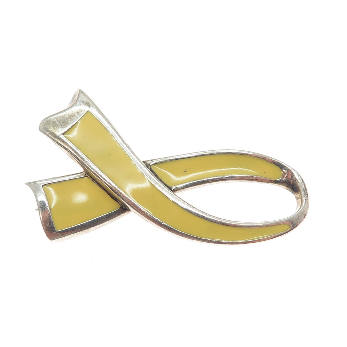 925 Sterling Silver Vintage Enamel Yellow Ribbon Awareness Cancer Free Brooch
