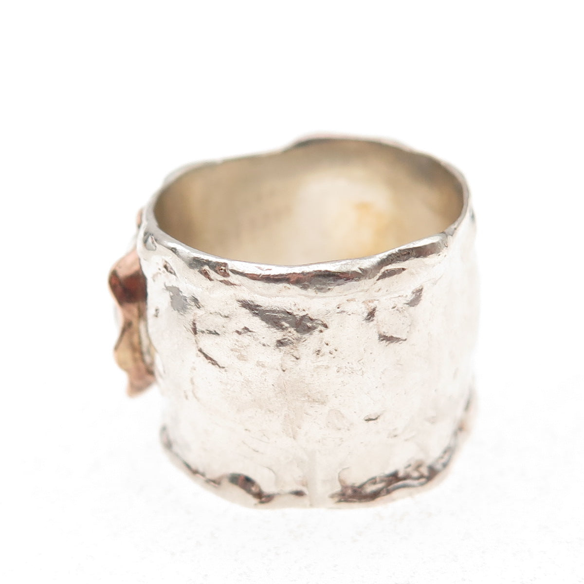 925 Sterling Silver 14K Gold Vintage Real Opal Modernist Hammered Ring Size 8