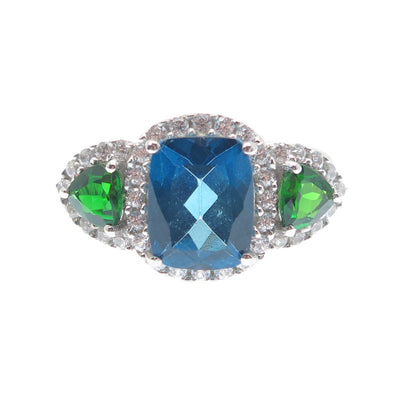 DSMK 925 Sterling Silver Real White & Blue Topaz Chrome Diopside Gem Ring Size 7