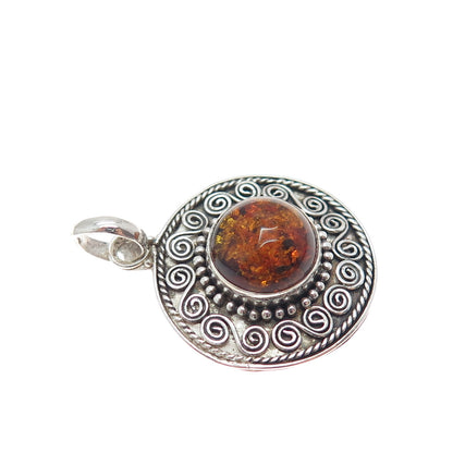 925 Sterling Silver Vintage Real Amber Spiral Beaded Oxidized Charm Pendant