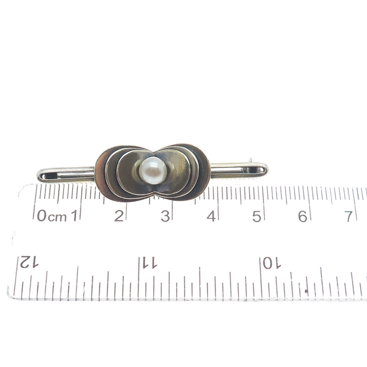 830 Silver Gold Filled Vintage Real Pearl Modernist Oxidized Pin Brooch