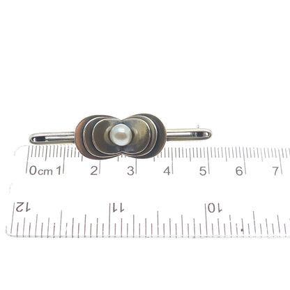 830 Silver Gold Filled Vintage Real Pearl Modernist Oxidized Pin Brooch