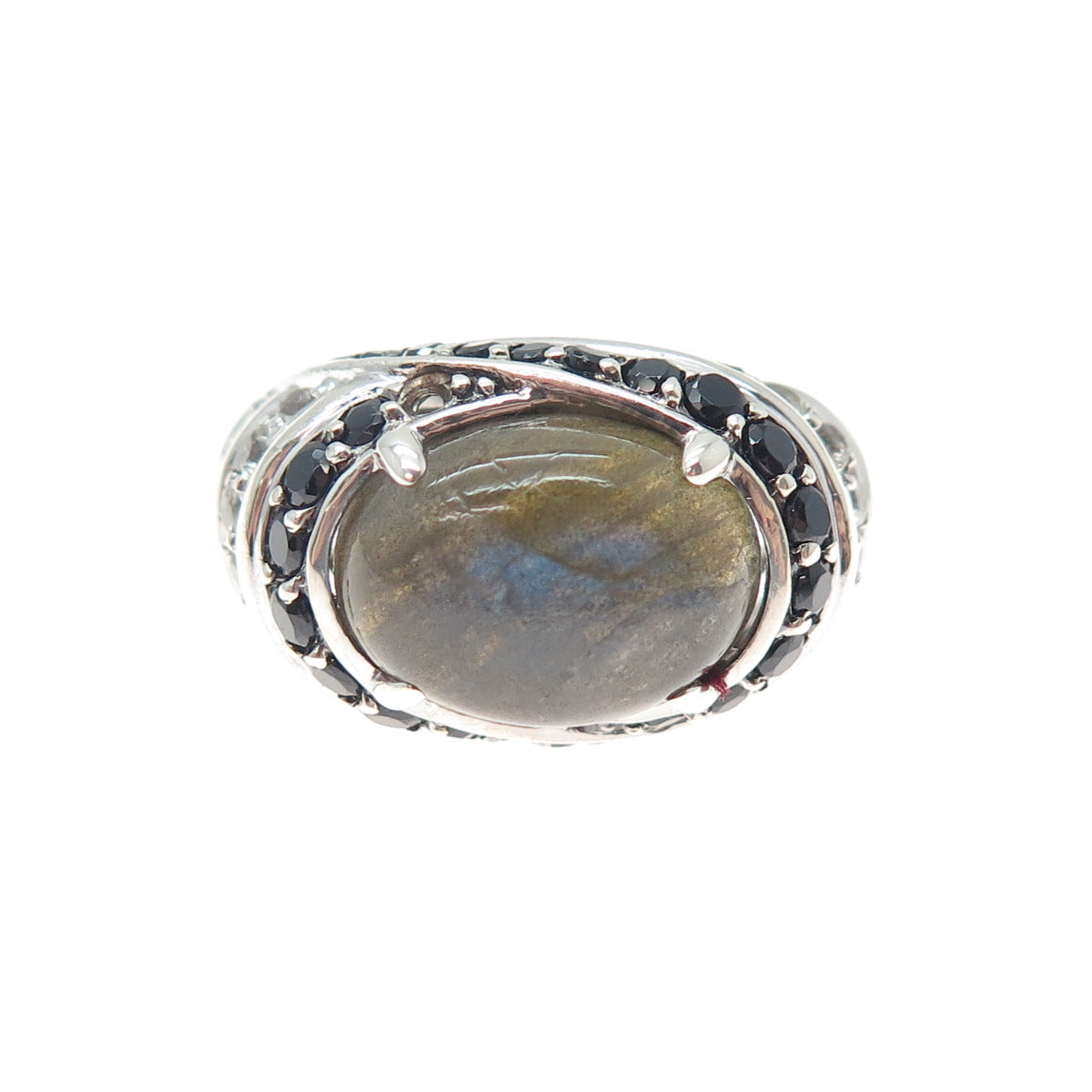 925 Sterling Silver Real Labradorite Black Spinel & White Topaz Ring Size 9