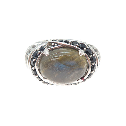 925 Sterling Silver Real Labradorite Black Spinel & White Topaz Ring Size 9