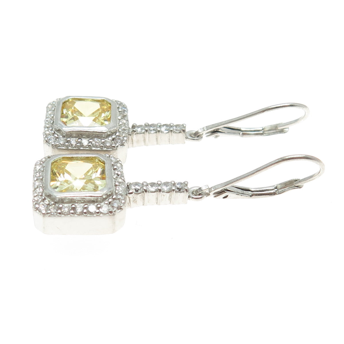 925 Sterling Silver Princess & Round-Cut Canary White C Z Dangling Earrings