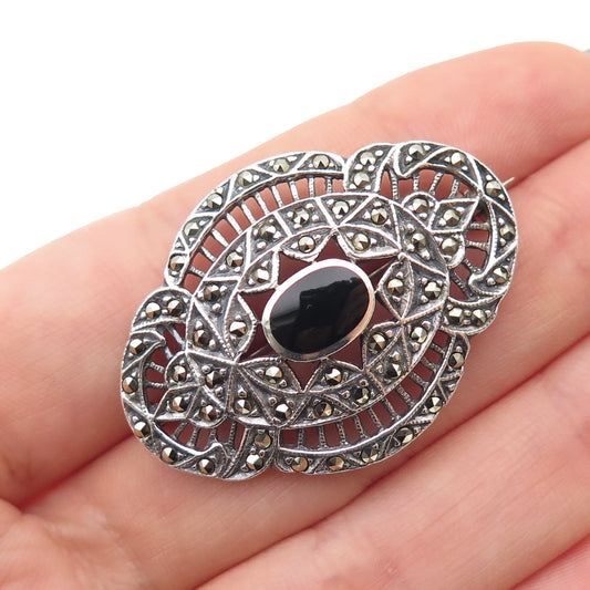 925 Sterling Silver Vintage Real Black Onyx & Marcasite Oxidized Pin Brooch
