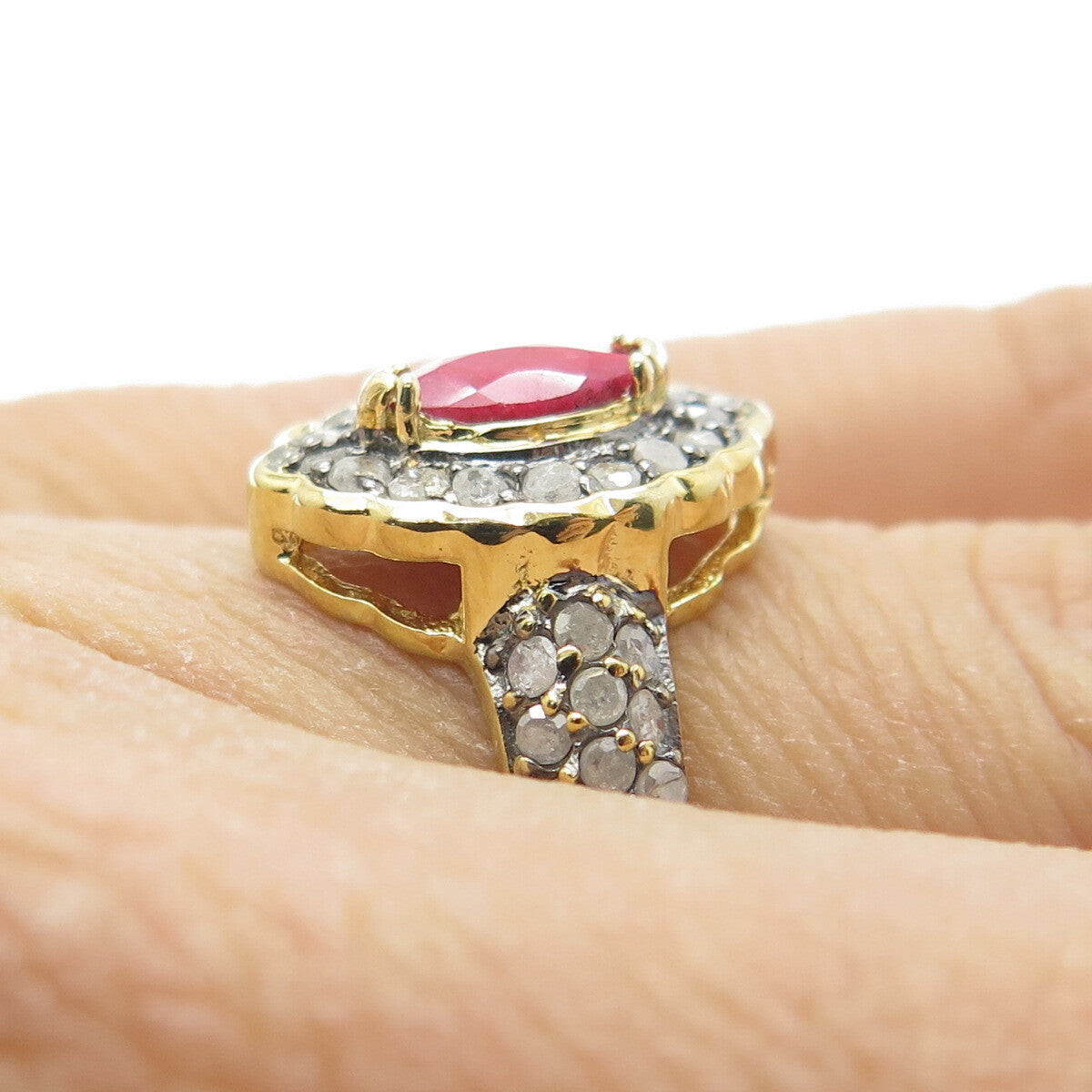 925 Sterling Silver Gold Plated Diamond & Marquis-Cut Ruby Gem Ring Size 6.25