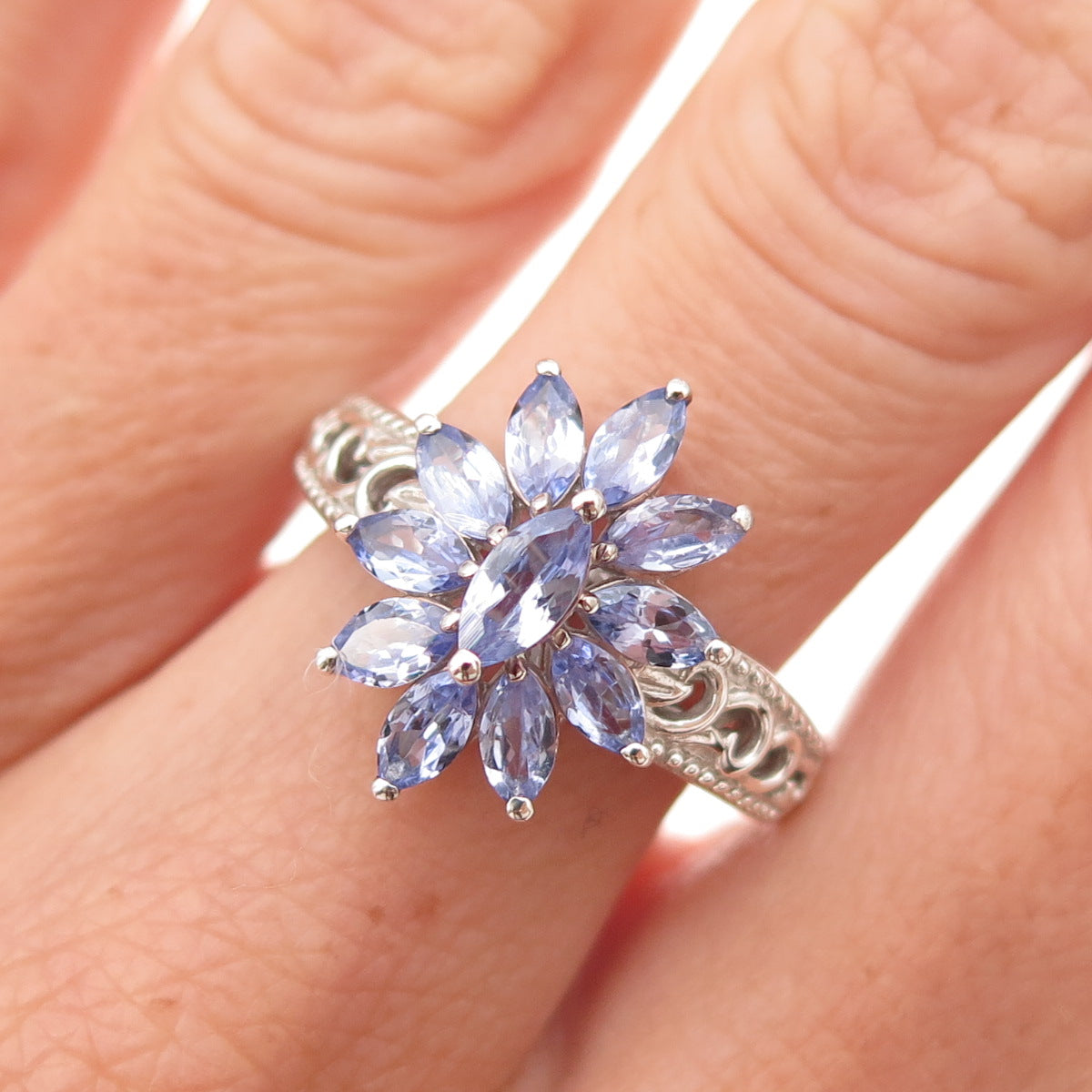 D'Joy 925 Sterling Silver Real Marquise-Cut Tanzanite Floral Ring Size 8