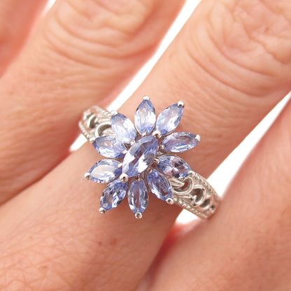 D'Joy 925 Sterling Silver Real Marquise-Cut Tanzanite Floral Ring Size 8