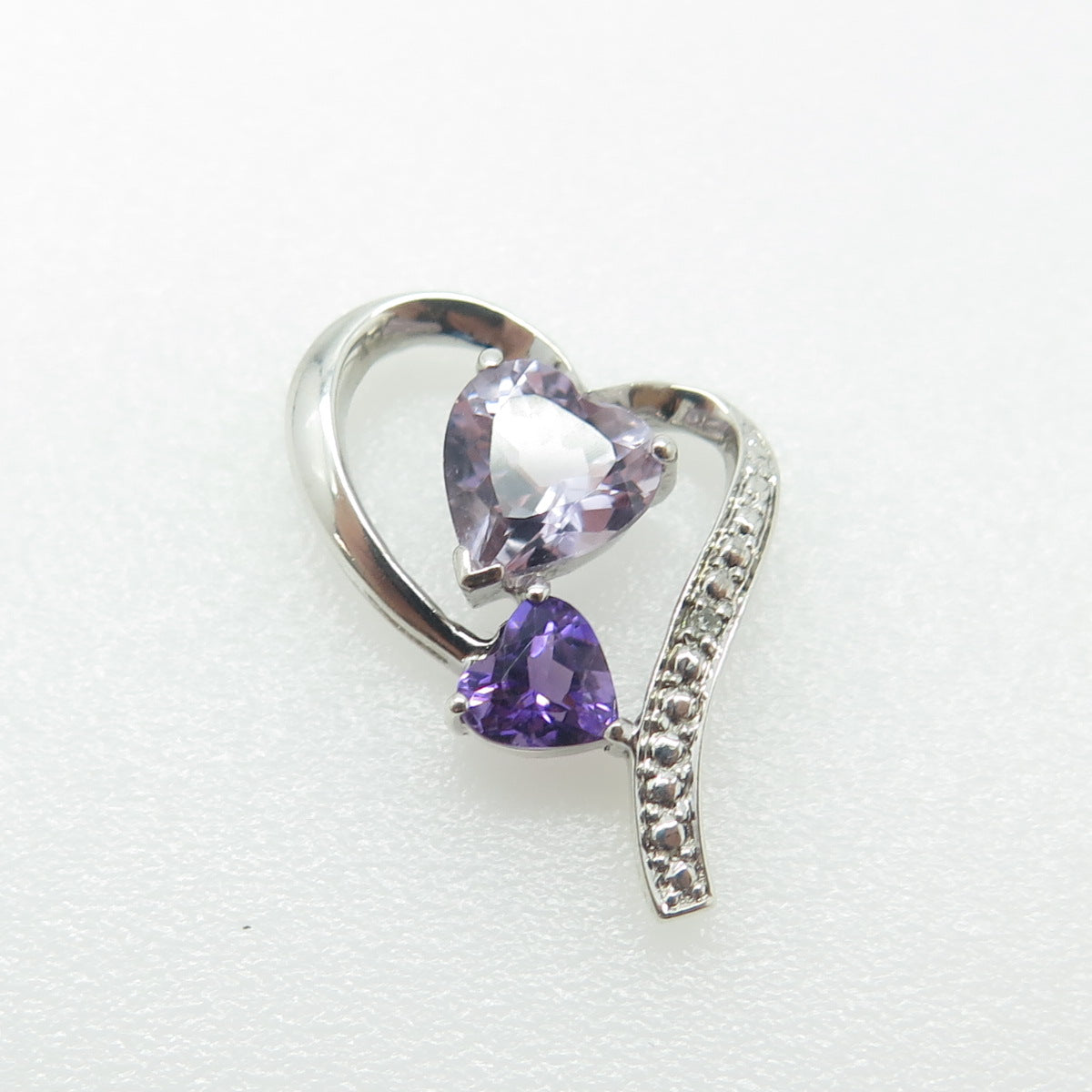 925 Sterling Silver Real White Diamond Accent & Amethyst Gem Heart Slide Pendant