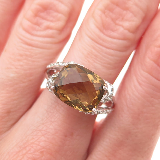 925 Sterling Silver Real Smoky Quartz & White Topaz Ring Size 7.25