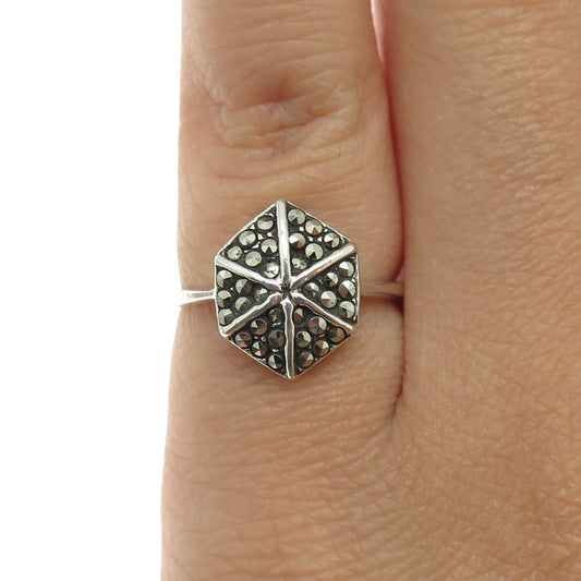 925 Sterling Silver Vintage Real Marcasite Gemstone Modernist Ring Size 4.75