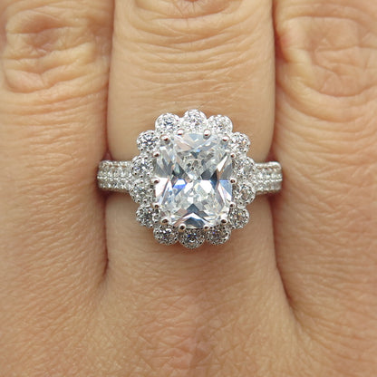 925 Sterling Silver Real Cushion & Round-Cut C Z Ring Size 8.25