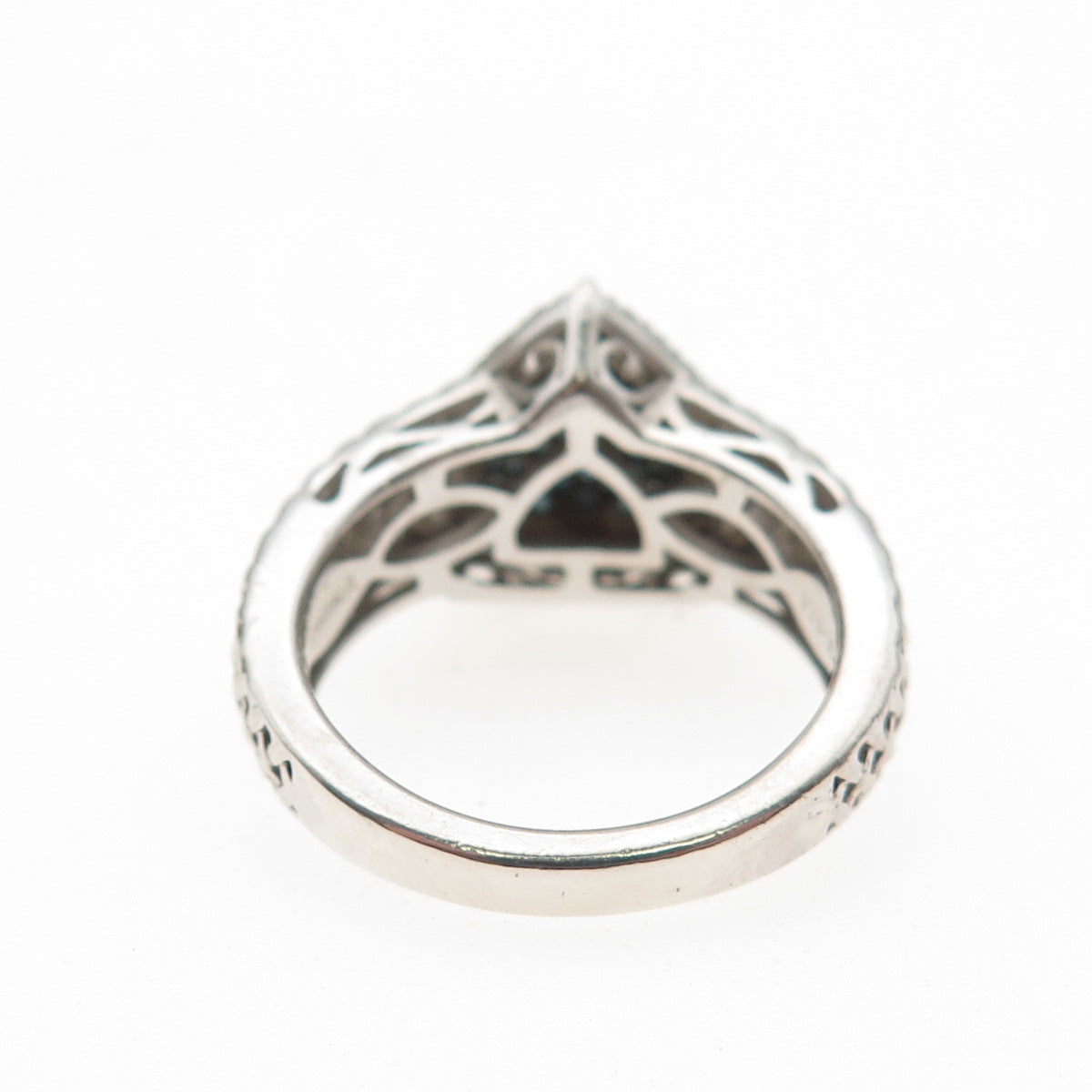 925 Sterling Silver Real Round-Cut Blue Diamond Triangle Ring Size 5