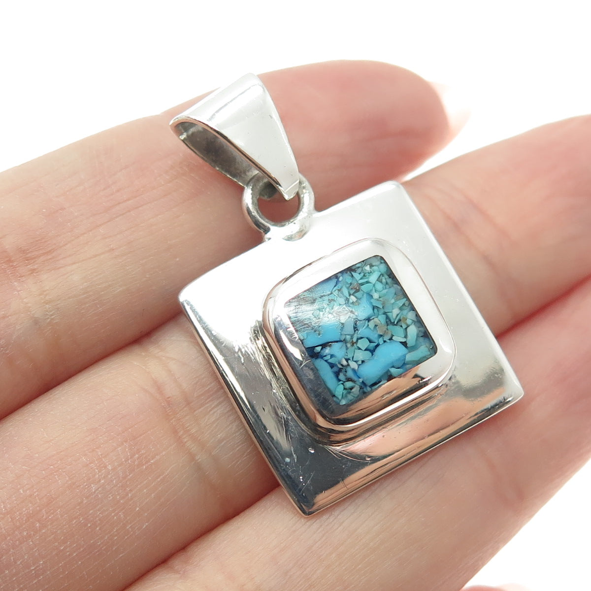 925 Sterling Silver Vintage Mexico Real Turquoise Inlay Square Pendant