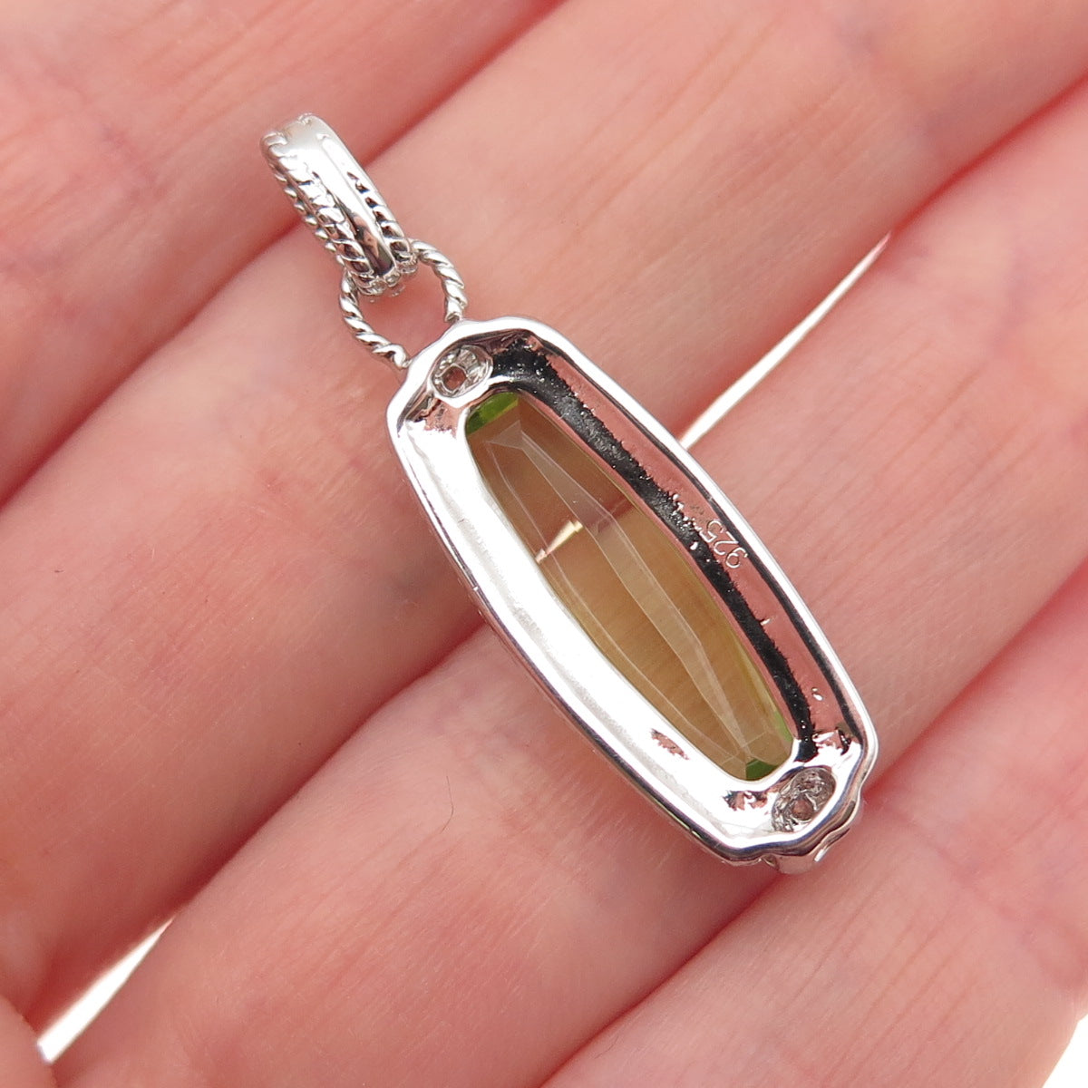 925 Sterling Silver 2-Tone Real Lime Quartz & C Z Heart Charm Pendant