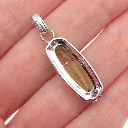 925 Sterling Silver 2-Tone Real Lime Quartz & C Z Heart Charm Pendant