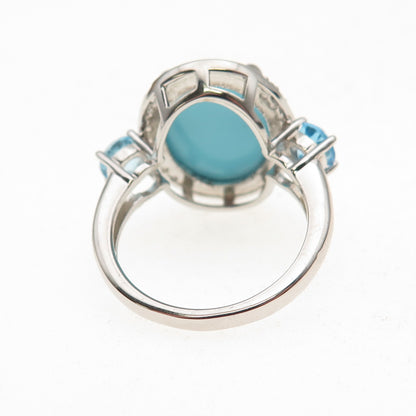 925 Sterling Silver Real Tyrone Turquoise Blue & White Topaz Ring Size 8