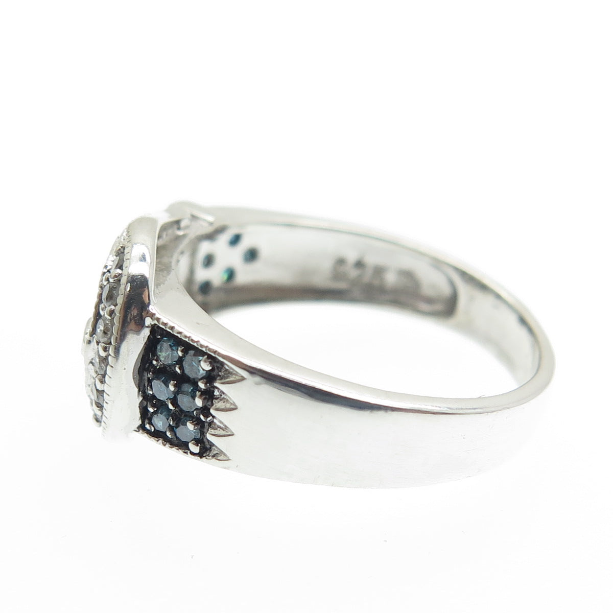 925 Sterling Silver Real Blue & White Diamond Belt Buckle Ring Size 6.25
