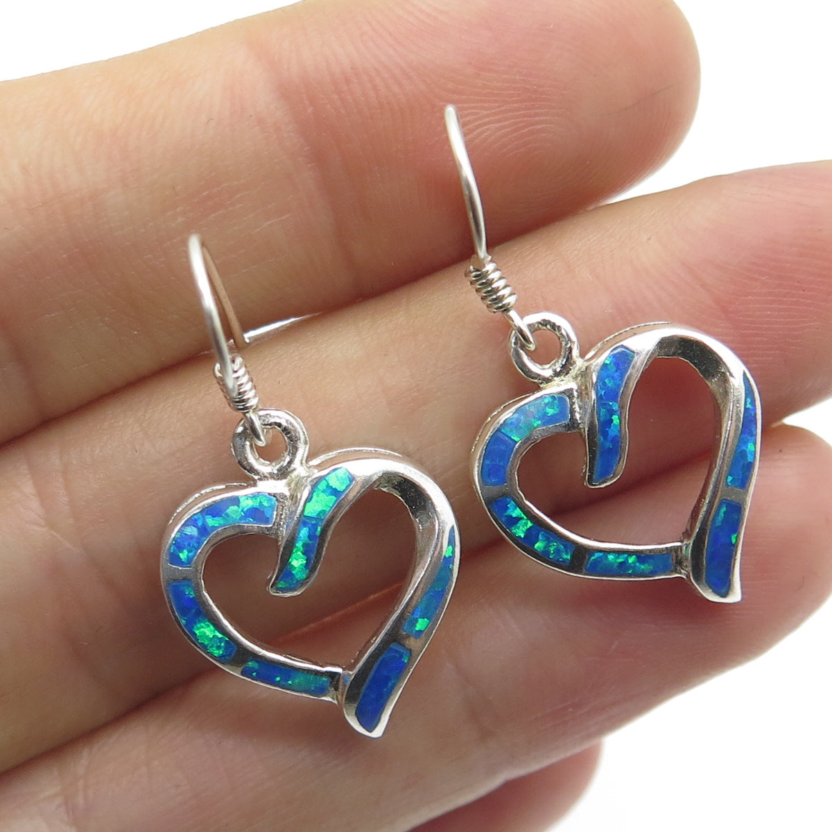 925 Sterling Silver Vintage Real Opal Heart Dangle Earrings