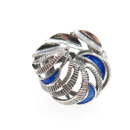 925 Sterling Silver Vintage Enamel Modernist Oxidized Adjustable Ring Size 5.75