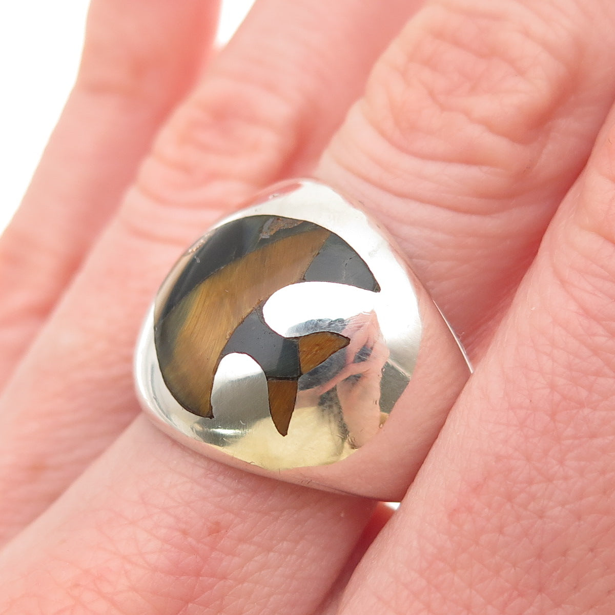 Pancho Sterling Silver Vintage Mexico Tiger Eye Onyx & Sunstone Fish Ring Size 8