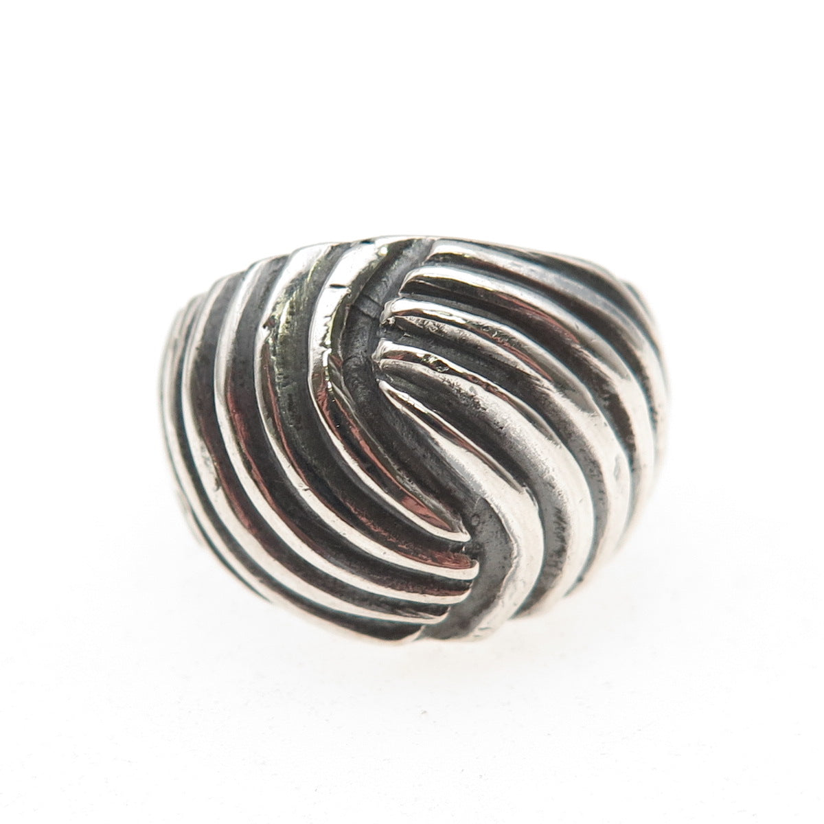 925 Sterling Silver Vintage Modernist Ribbed Oxidized Ring Size 7.5