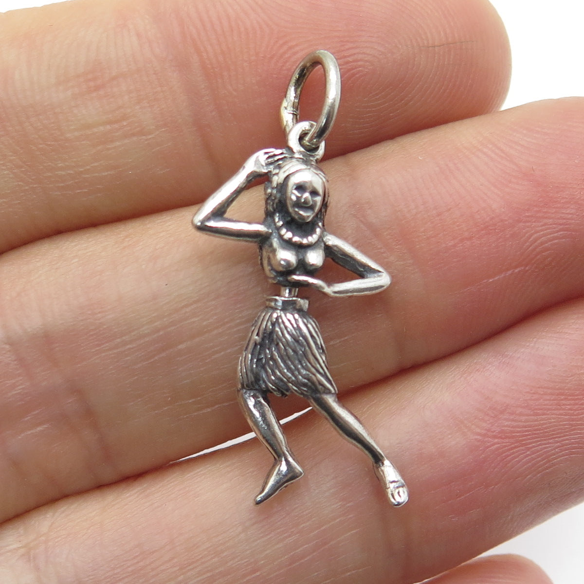 925 Sterling Silver Vintage Hula Dancing Woman Moving 3D Pendant