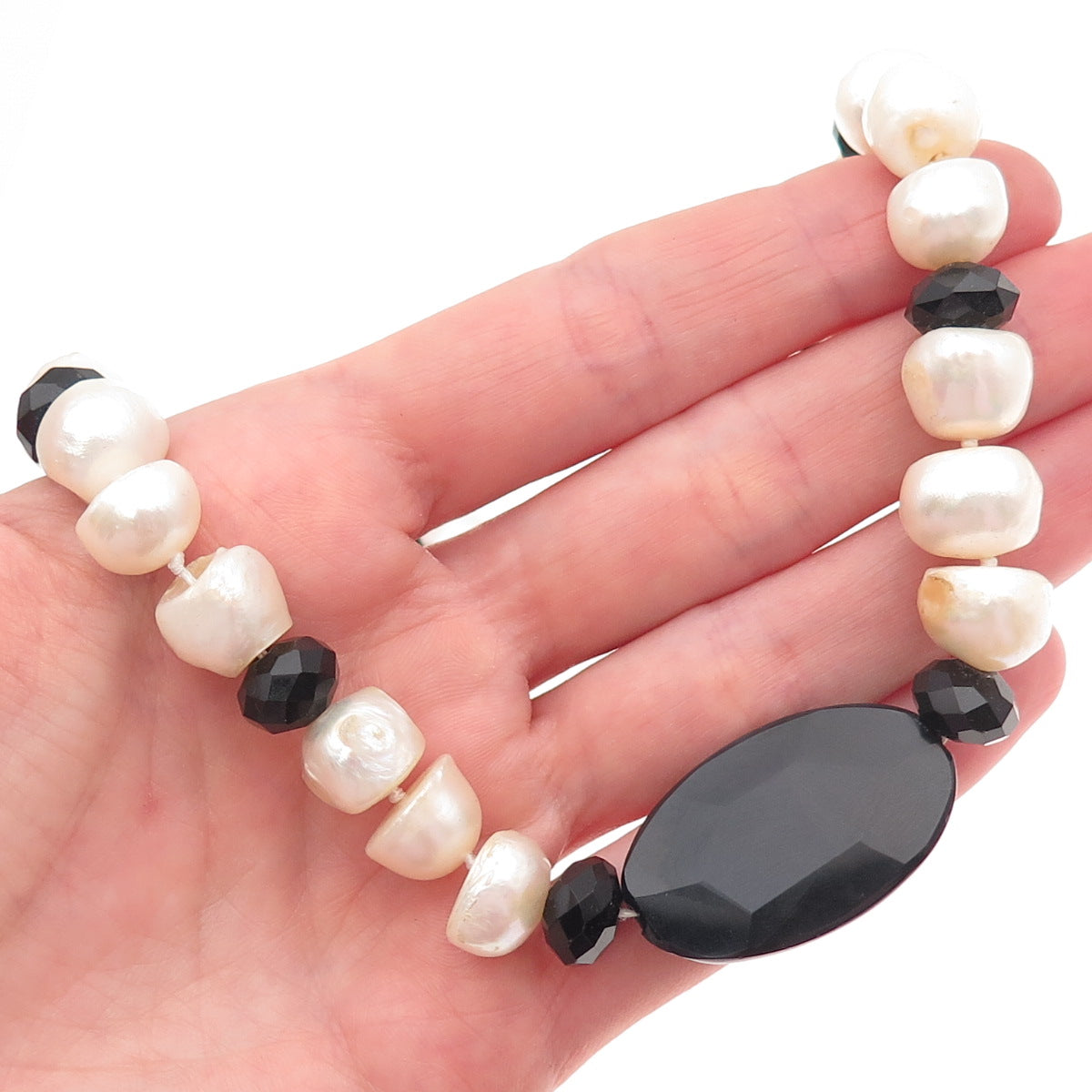 925 Sterling Silver Vintage Real Baroque Pearl & Black Onyx Beaded Necklace 18"