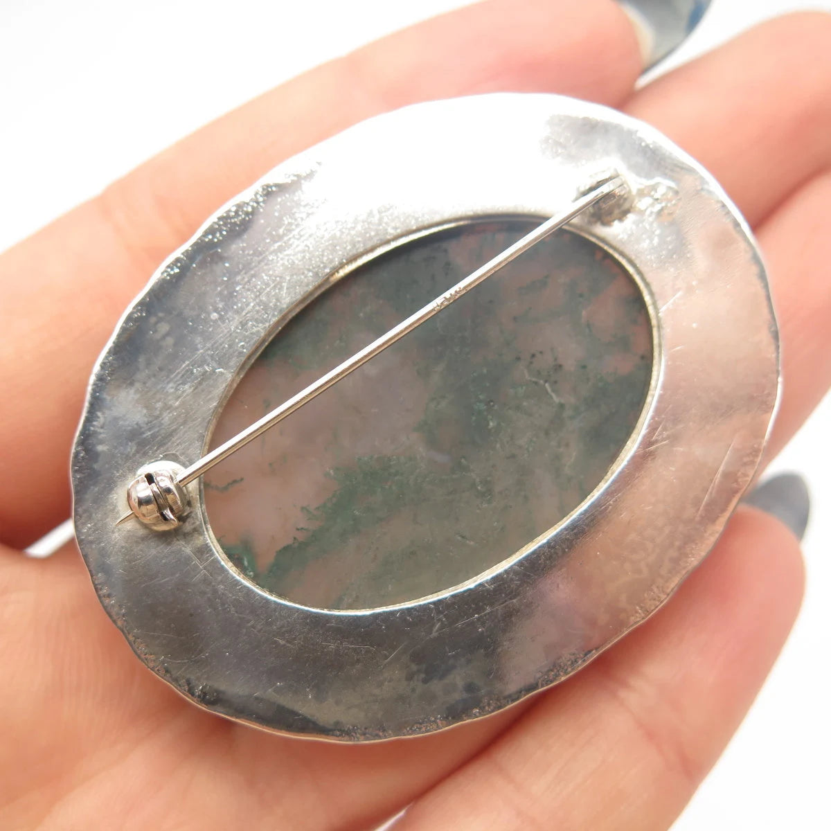 925 Sterling Silver Vintage Real Large Agate Gemstone Pin Brooch