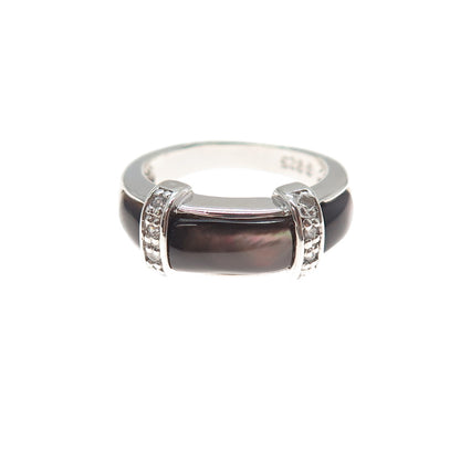 925 Sterling Silver Vintage Real Abalone Shell & C Z Ring Size 5.5