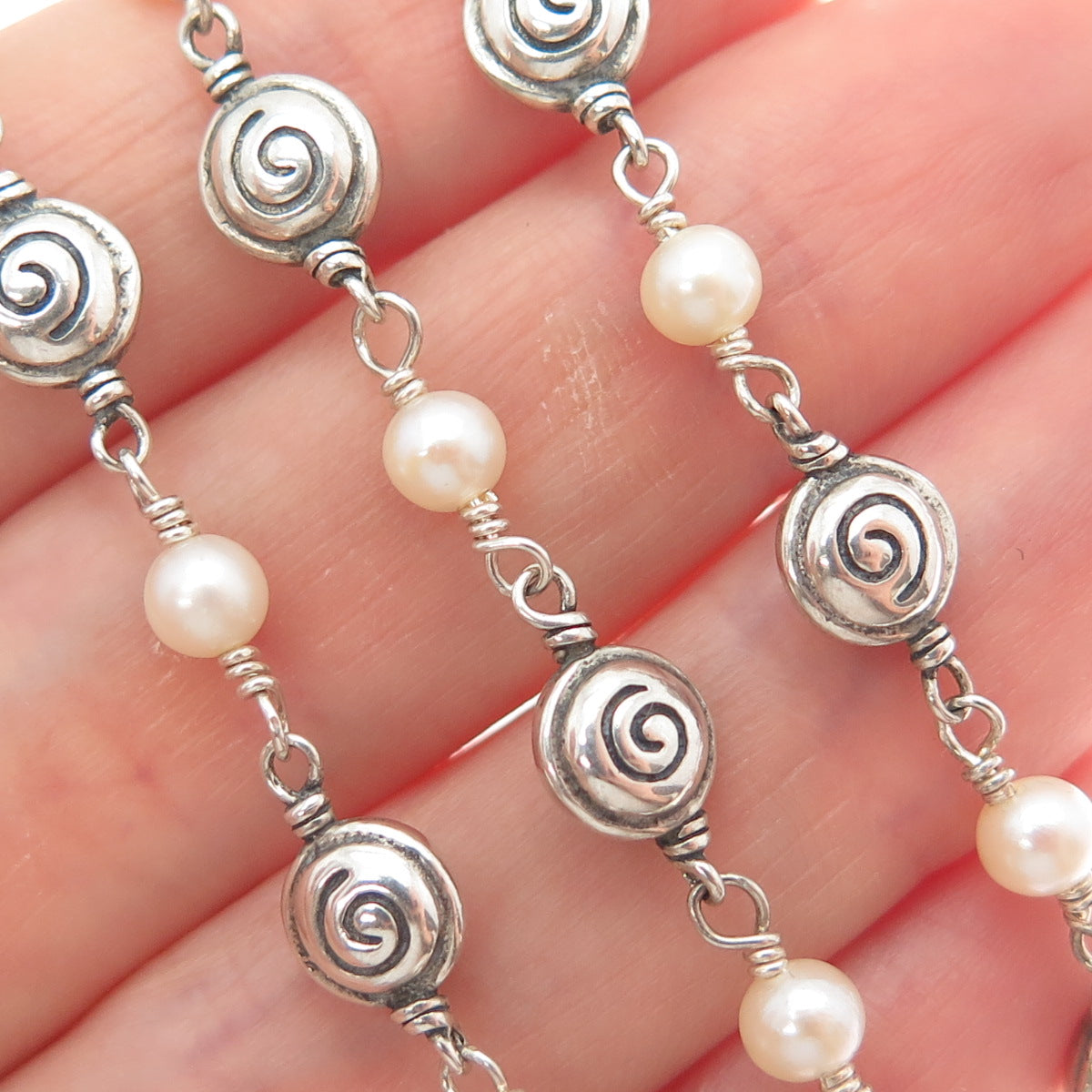 925 Sterling Silver Vintage Real Pearl Spiral Beaded Chain Necklace 16"