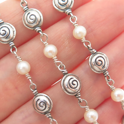 925 Sterling Silver Vintage Real Pearl Spiral Beaded Chain Necklace 16"