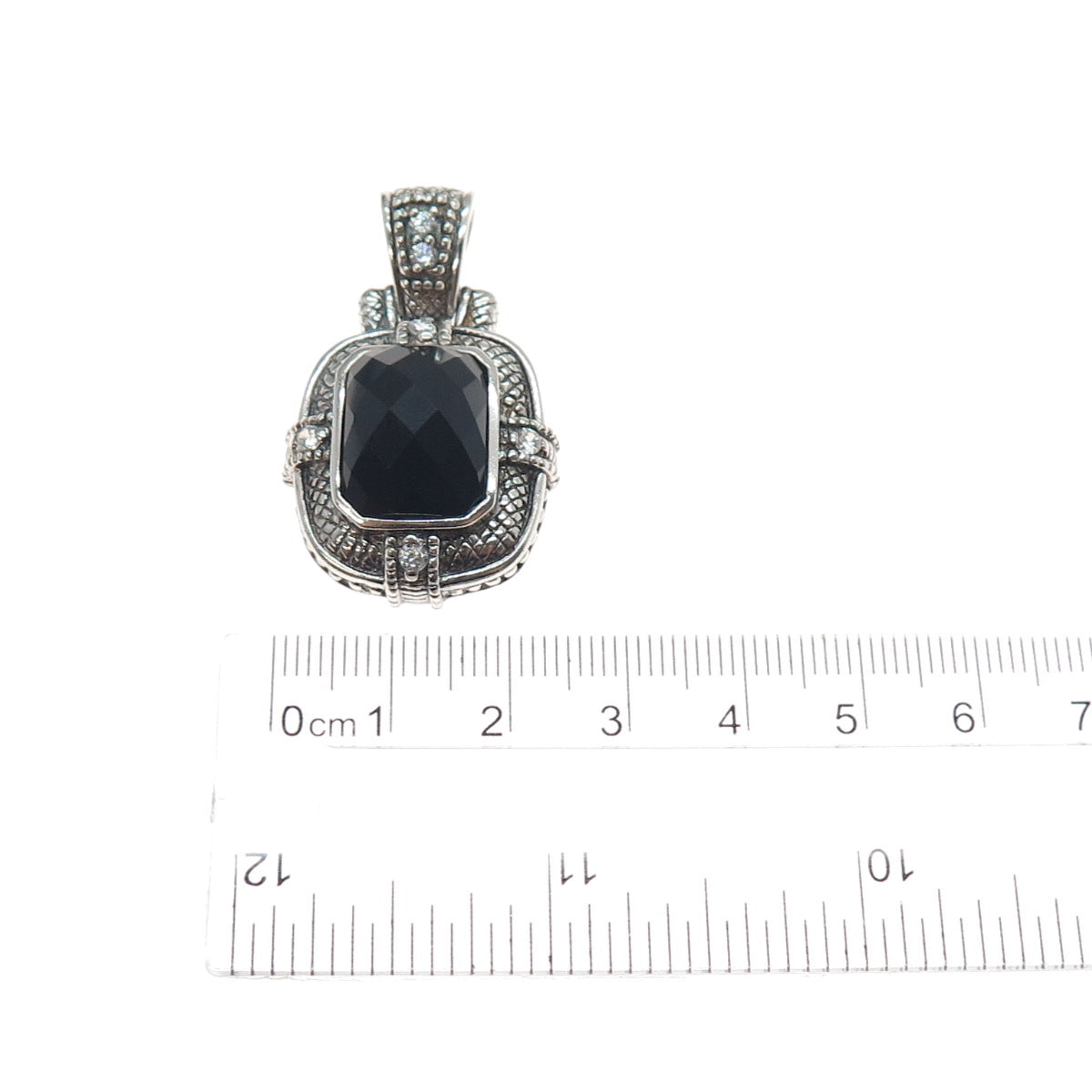 925 Sterling Silver Vintage Real Black Onyx & C Z Oxidized Charm Pendant