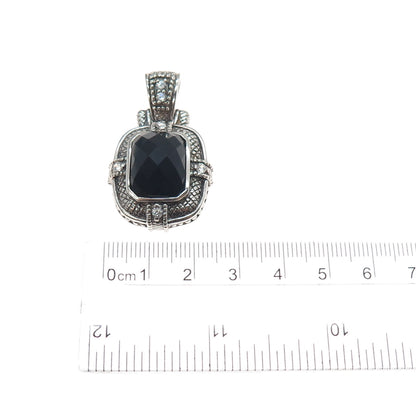 925 Sterling Silver Vintage Real Black Onyx & C Z Oxidized Charm Pendant