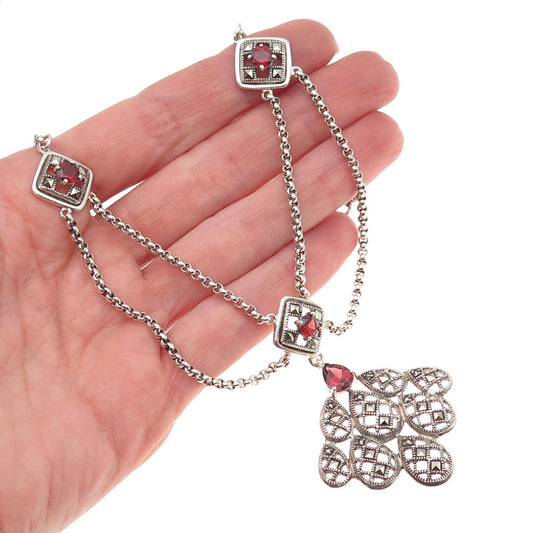 925 Sterling Silver Vintage Real Red Garnet & Marcasite Rolo Chain Necklace 16"