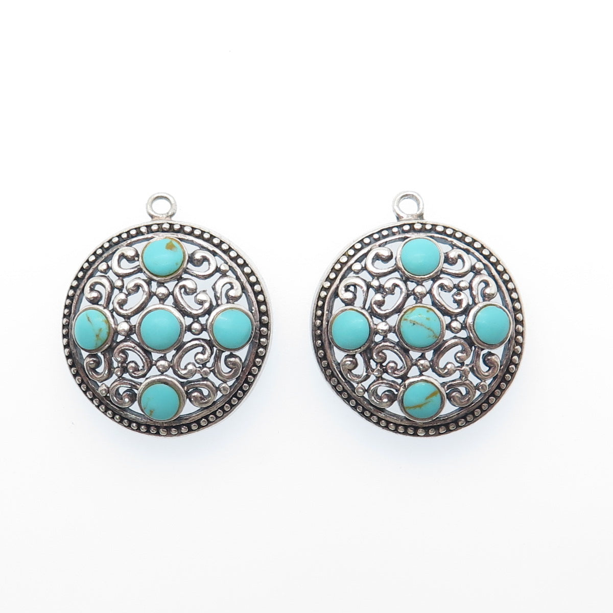 925 Sterling Silver Vintage Real Lone Mountain Turquoise Ornate Jacket Earrings